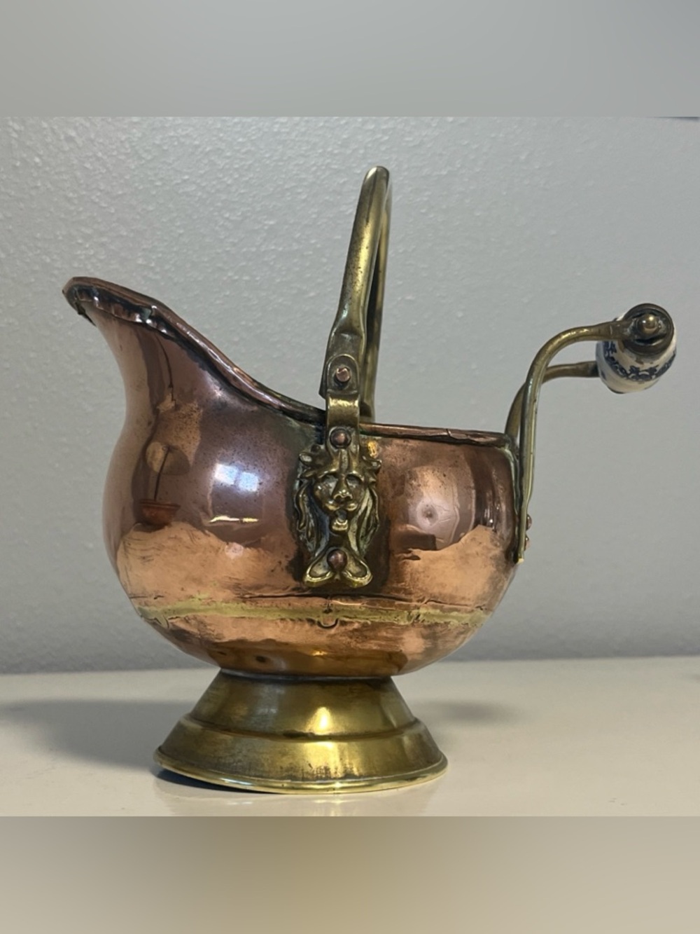 Antique Lion Head Copper And Brass Coal Scuttle Bucket 6” Delft Porcelain Handle